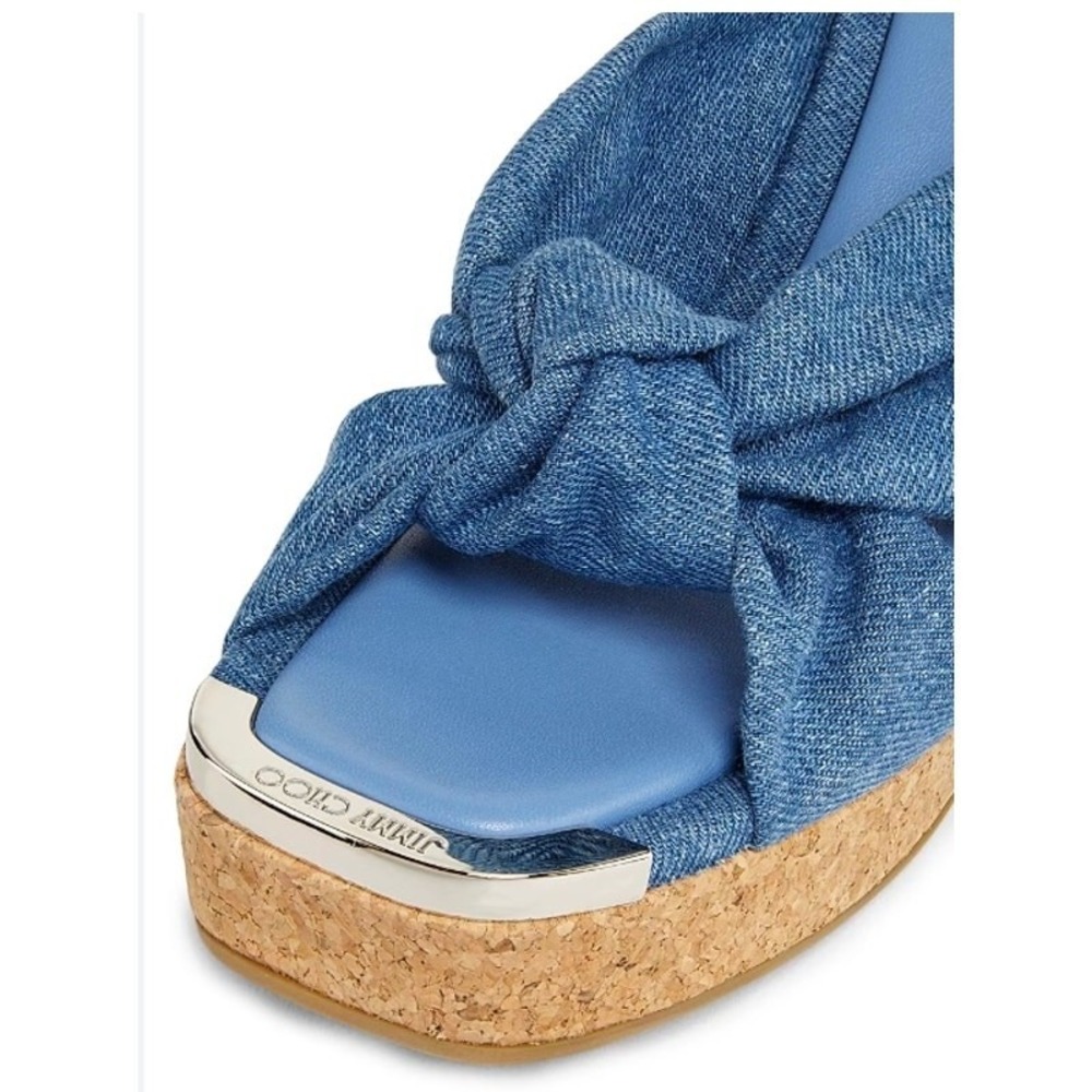Jimmy Choo Avenue 110 Denim Wedge Sandals Knotted Upper 37 - Picture 6 of 16
